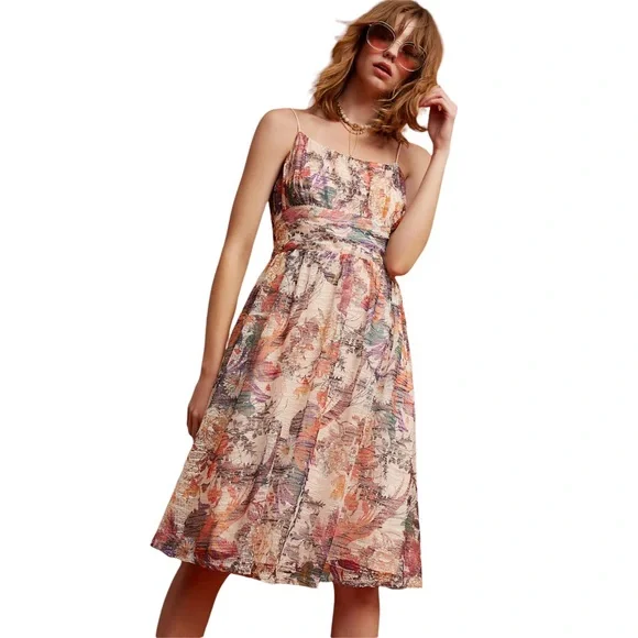 Anthropologie Maeve Mackenzie Spaghetti Strap Dress Floral Mesh Overlay, Size 0 - Picture 10 of 15